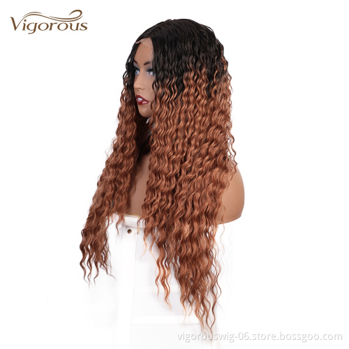 Vigorous High Quality Long Jerry Curl Small Part Lace Natural Hairline Ombre Honey Brown For Black Women Synthetic Hair Wigs